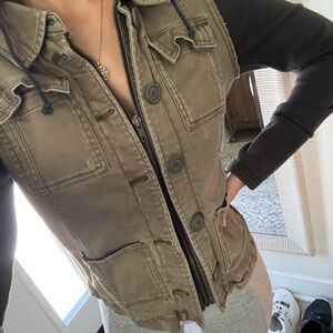 Free People Hooded Two-Tone Military Jacket XS | Green Zip-Up Utility